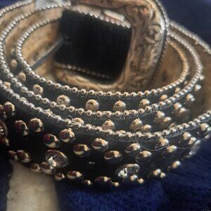 BELT BLACK GENUINE SUEDE 30 to 34 inches STUDDED GORGEOUS HEAVY METAL BUCKLE